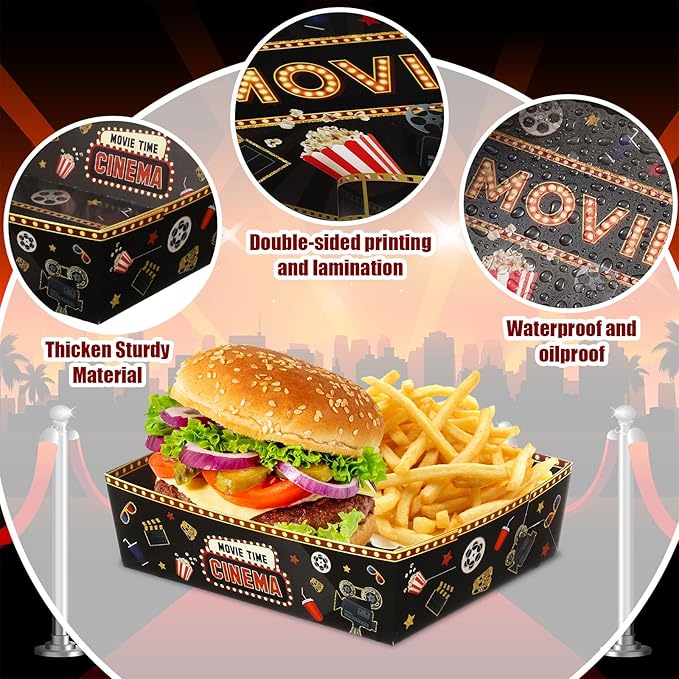 48 Pcs Movie Night Snack Tray 5 Lbs Large Disposable Paper Food Tray