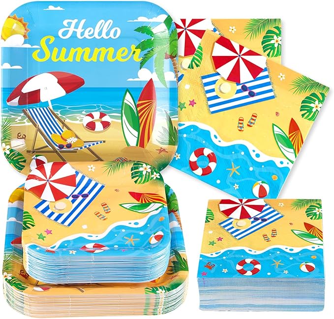 200Pcs Beach Party Supplies Hello Summer Party Plates and Napkins