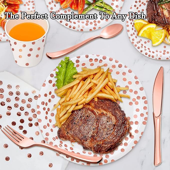 175PCS Rose Gold Party Supplies,Rose Gold Dot on White Paper Plates