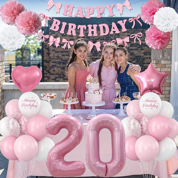 20th Birthday Decorations for Girls Pink Number 20 Balloon Bow