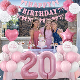 20th Birthday Decorations for Girls Pink Number 20 Balloon Bow