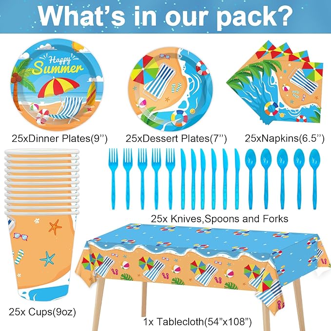 184 Pcs Beach Party Supplies Plates Napkins Set Includes Summer