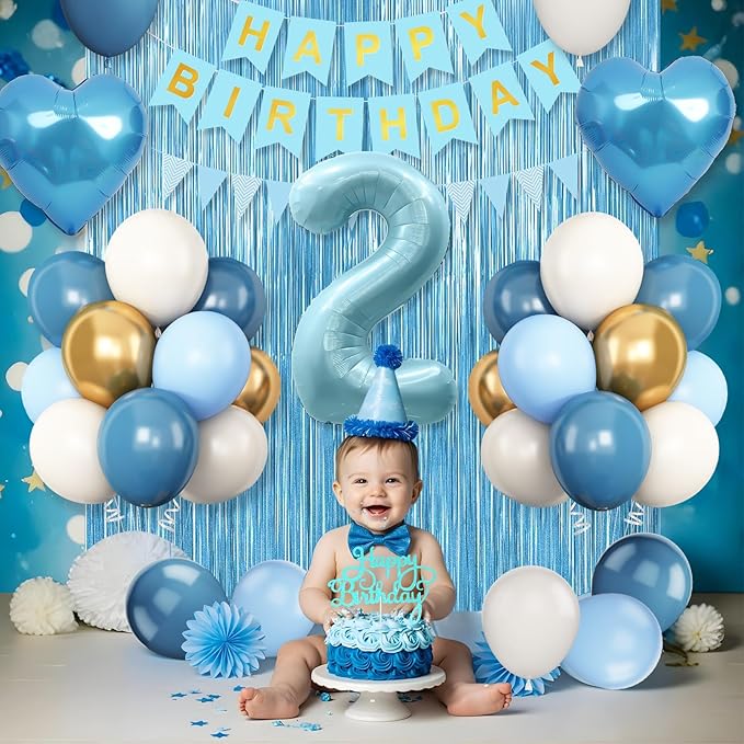 2nd Birthday Decorations Blue White Gold 25pcs Balloons Banner