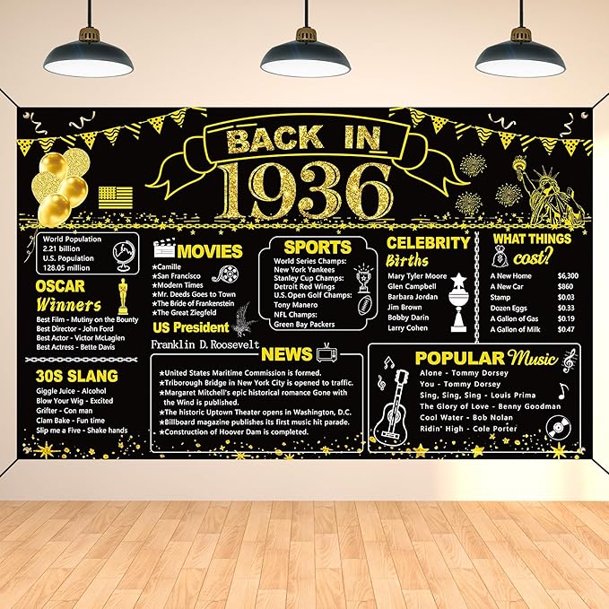 DARUNAXY 90th Birthday Black Gold Party Decoration, Back in 1936