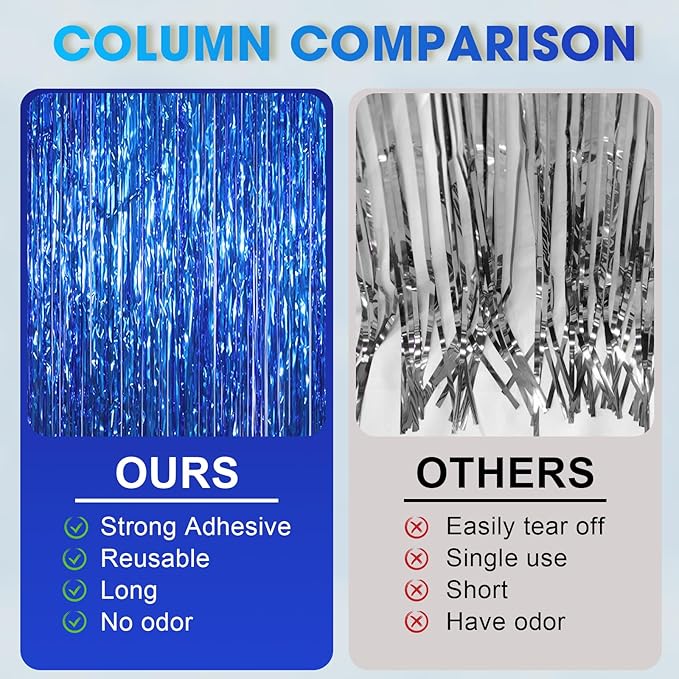 Voircoloria 3 Pack 3.3x8.2 Feet Blue Foil Fringe Backdrop Curtains,