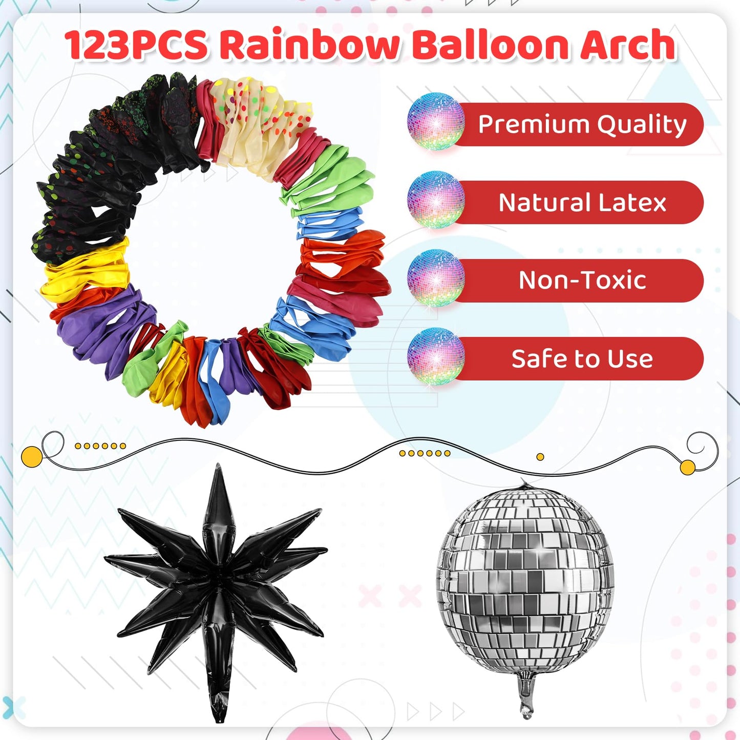 Amandir Glow in the Dark Party Decorations, 80S Disco Rainbow Balloon