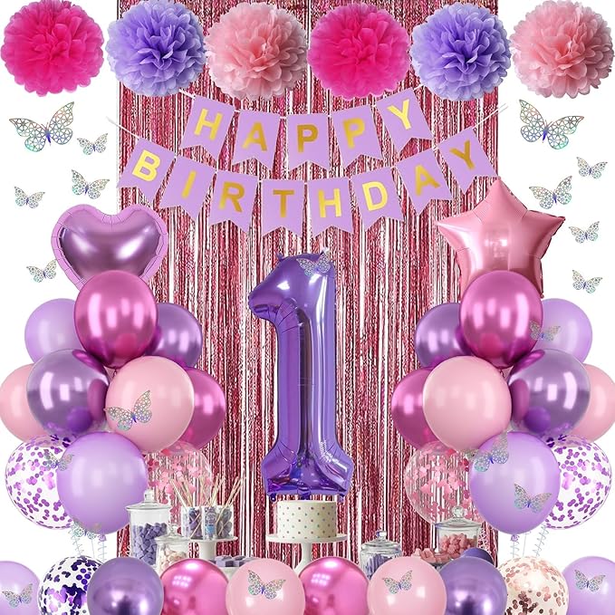 Pink Purple 1st Birthday Party Decorations for Girls Number 1