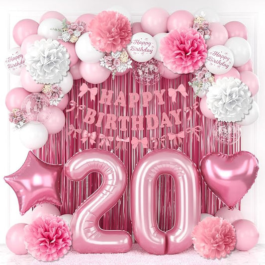 20th Birthday Decorations for Girls Pink Number 20 Balloon Bow