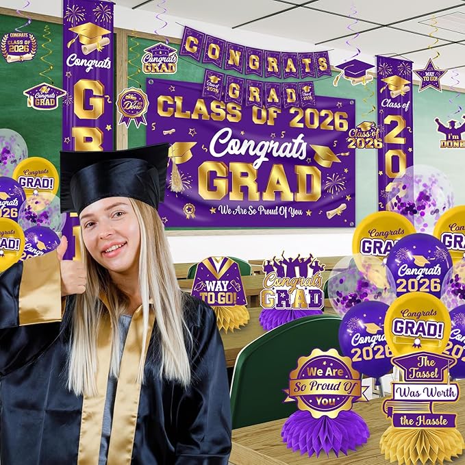 Graduation Decorations 2026 Purple and Gold Graduation Party Decor