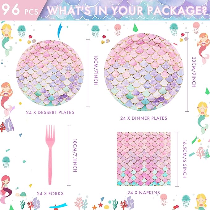 96 PCS Mermaid Party Plates & Napkins Set Serve 24 Disposable