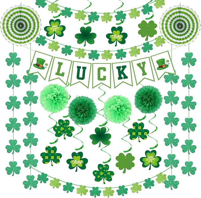 St Patricks Day Party Decoration Green Shamrock Garland 25pcs Saint