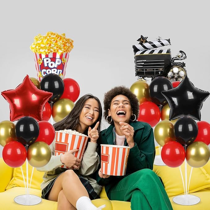 4 Sets Movie Night Party Balloons Stand Kit with Popcorn Clapboard