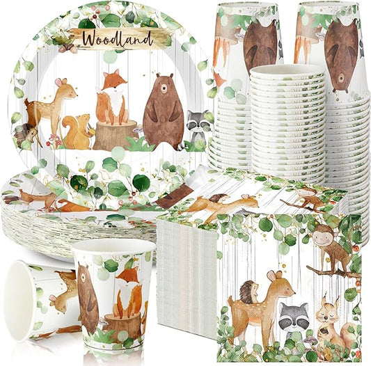 200 Pcs Woodland Baby Shower Paper Plates Cups Napkins Woodland