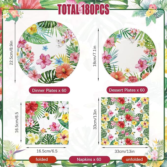 180PCS Hawaiian Luau Party Supplies – Hawaiian Tropical Paper Plates