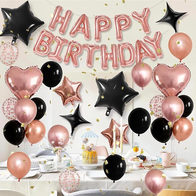 Rose Gold and Black Birthday Decorations for Women Black Pearl Rose