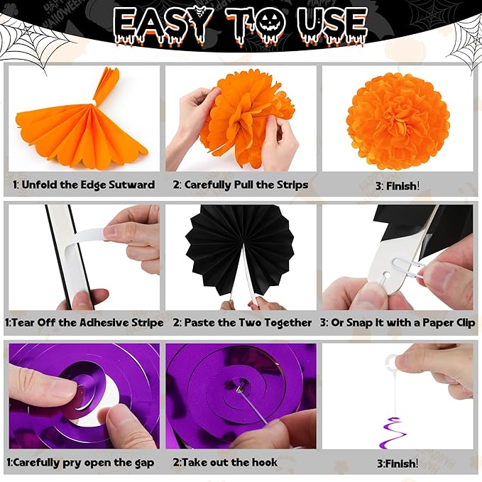 26PCS Halloween Party Decorations Purple Black Orange Paper Fans Set