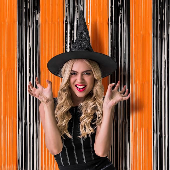 Voircoloria 3 Pack 3.3x8.2 Feet Black and Orange Foil Fringe Backdrop