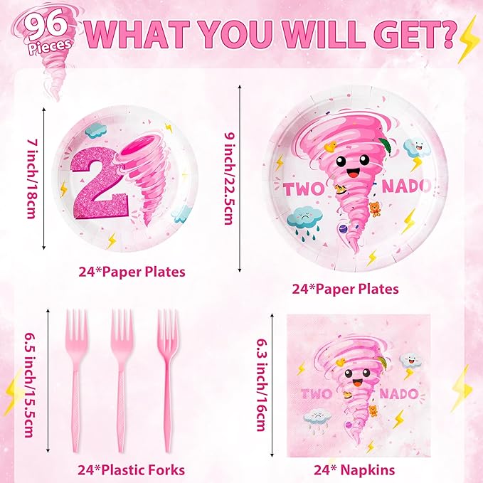 96Pcs Two Nado Pink Tornado 2nd Birthday Party Plates Supplies Party