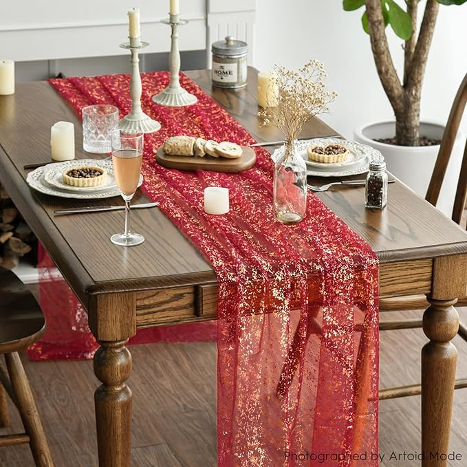 Artoid Mode 6PCS Red Gold Gauze Table Runner 120 Inch 10FT, Glitter
