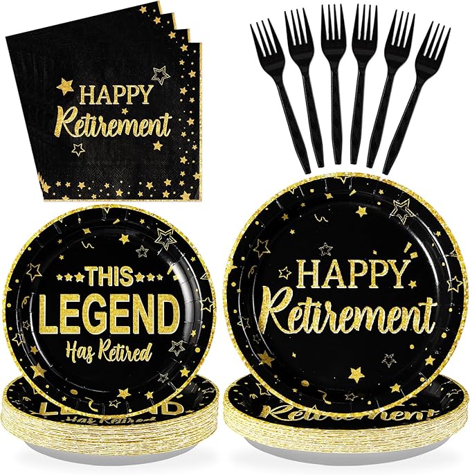 96 Pcs Retirement Party Plates Black and Gold Happy Retirement Party