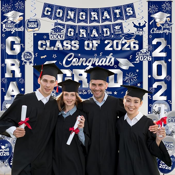 Graduation Decorations 2026 Blue and Silver Graduation Party Decor