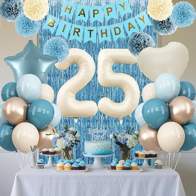 Dusty Blue 25th Birthday Party Decorations for Her Him Beige Cream