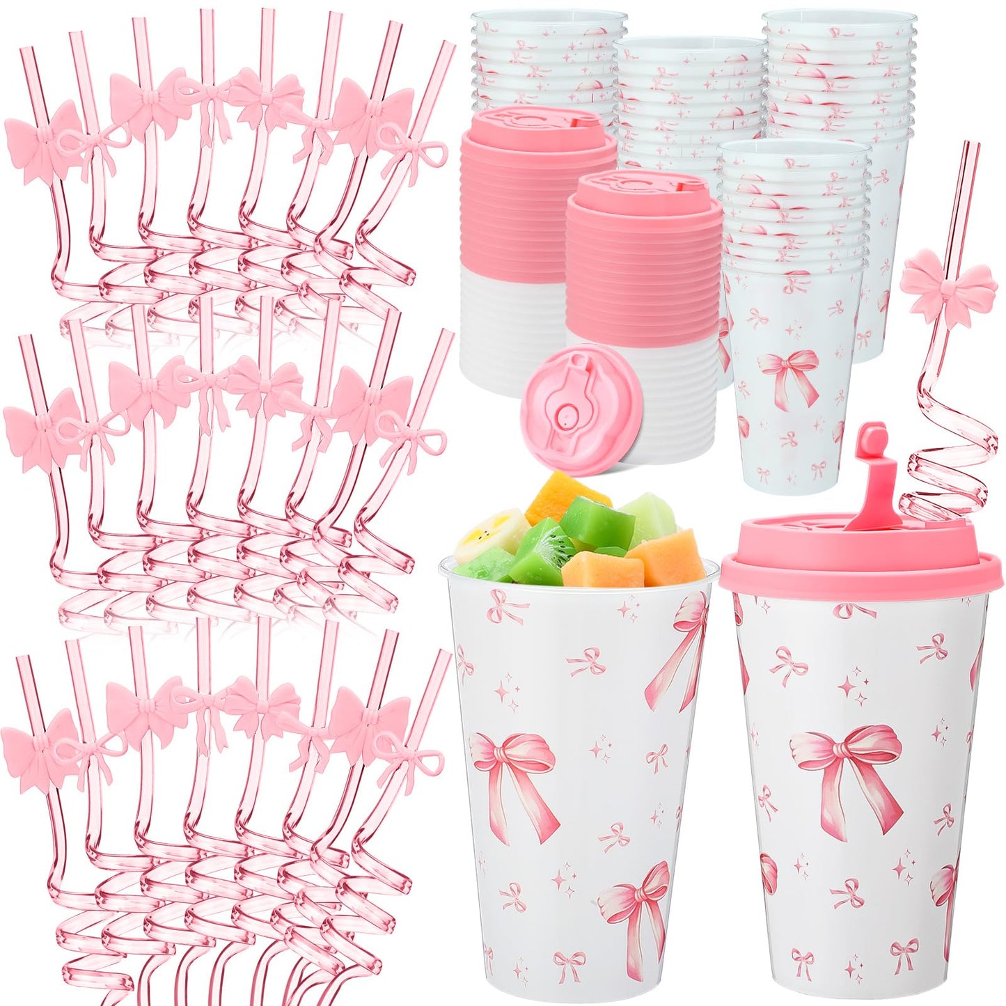 Yungyan 16 Sets Pink Bow Party Favors Goodie Cups with Lids and Straws