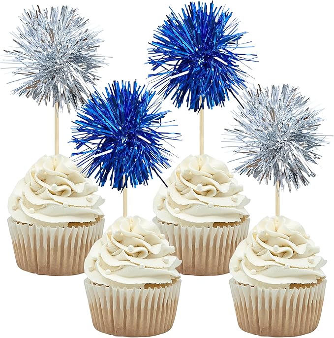 Gyufise 30Pcs Foil Firework Cupcake Toppers Sparkle Tinsel Cake