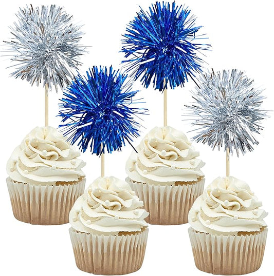 Gyufise 30Pcs Foil Firework Cupcake Toppers Sparkle Tinsel Cake