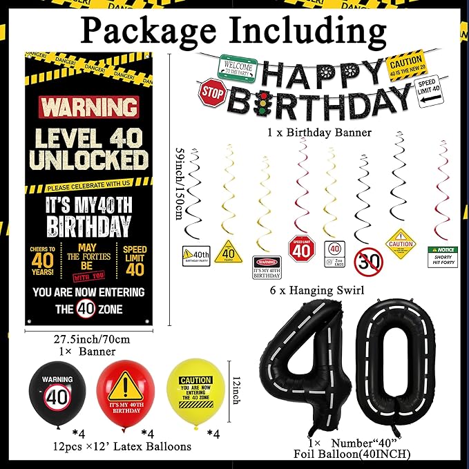 40th Birthday Decorations Men Women Caution Logo Level 40 Unlocked
