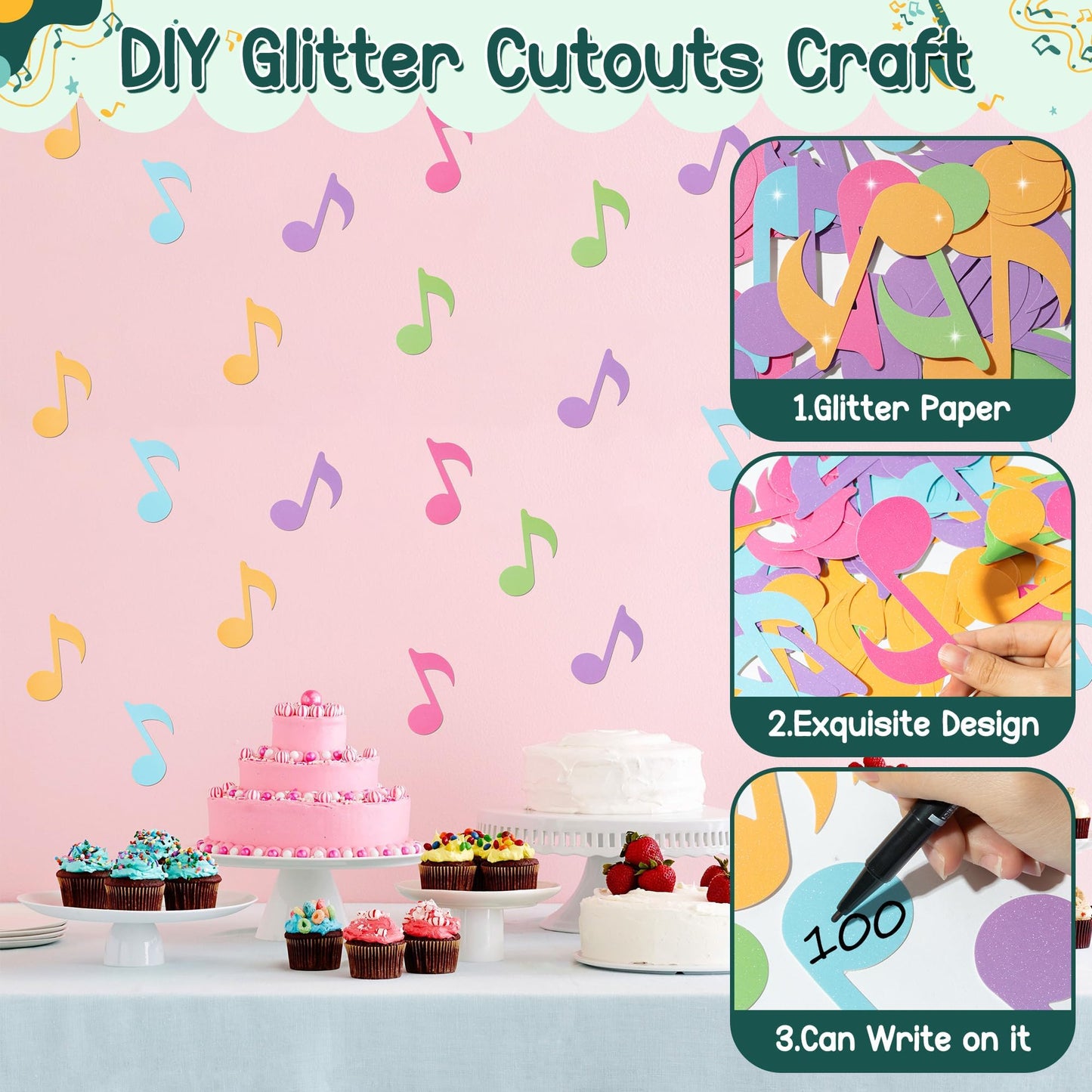 Music Note Glitter Cutouts - 100Pcs Colorful Music Notes Themed Paper