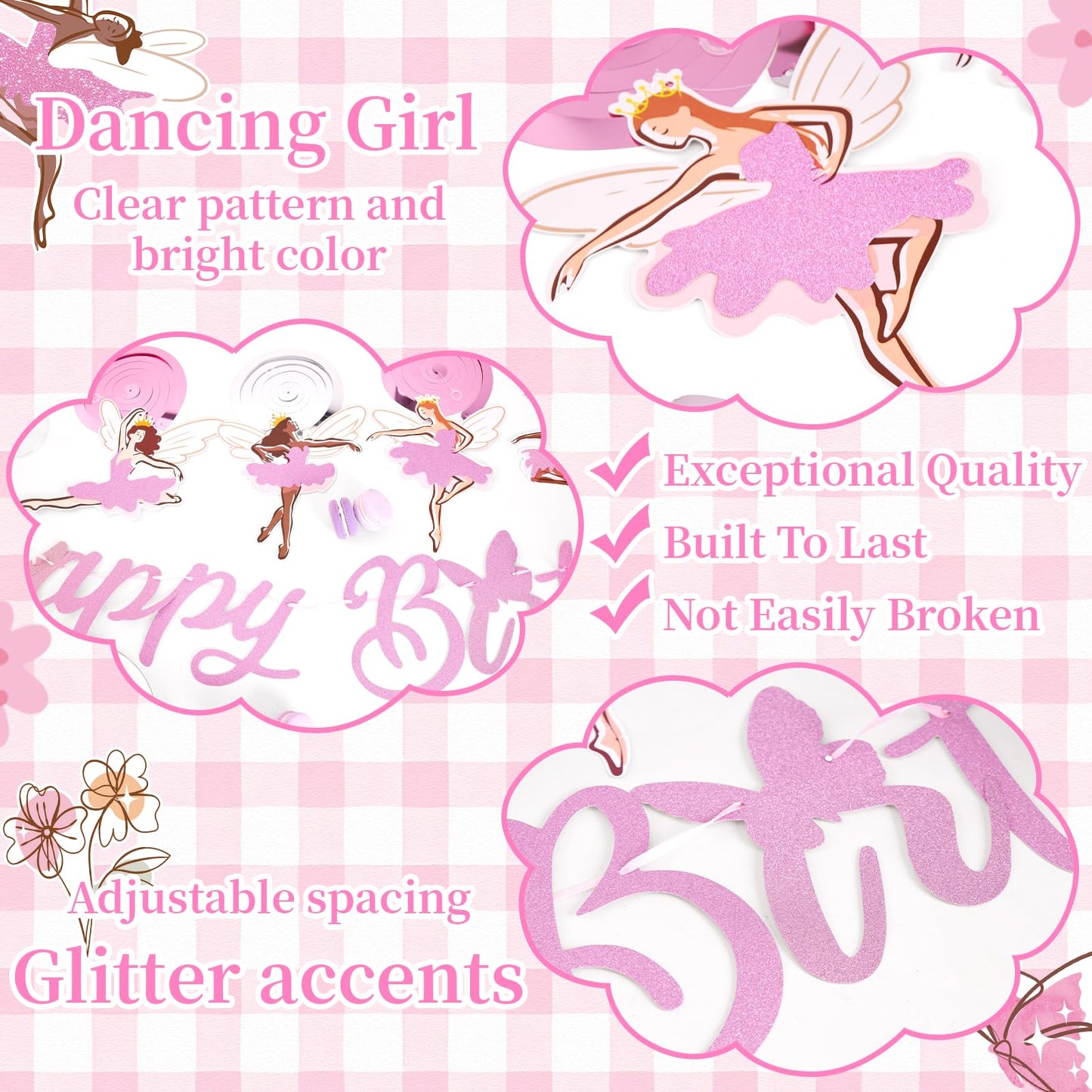 SUNBEAUTY Ballerina Birthday Party Decorations Pink Ballet Girls Happy
