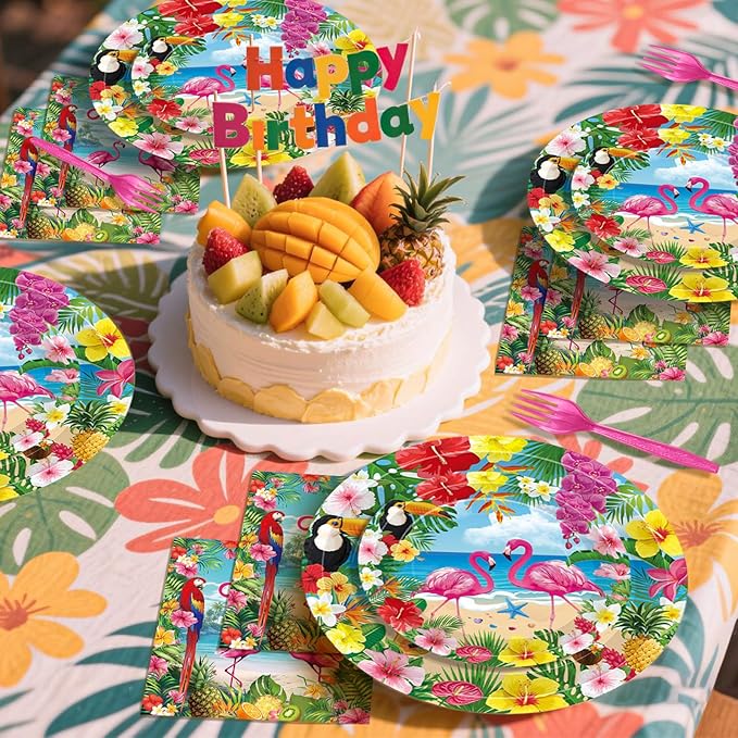 100 Pcs Tropical Aloha Flamingo Birthday Party Supplies Set Serves