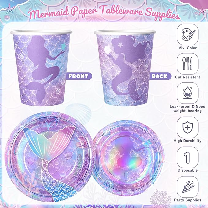 Purple Mermaid Party Tableware Supplies 168PCS Mermaid Plates