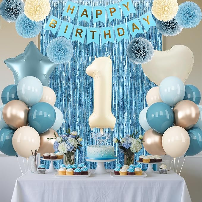 Dusty Blue 1st Birthday Decorations Beige Cream Number 1 Balloon