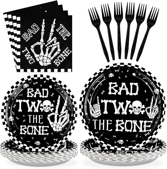96Pcs Bad Two The Bone Party Supplies Black White Rock 2nd Birthday