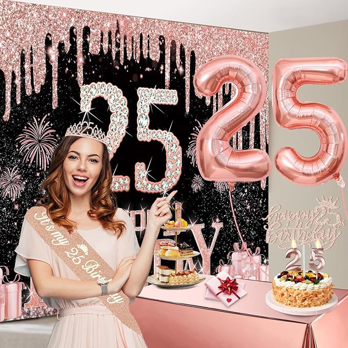 25th Birthday Decorations for Women with Banner Rose Gold Tablecloth