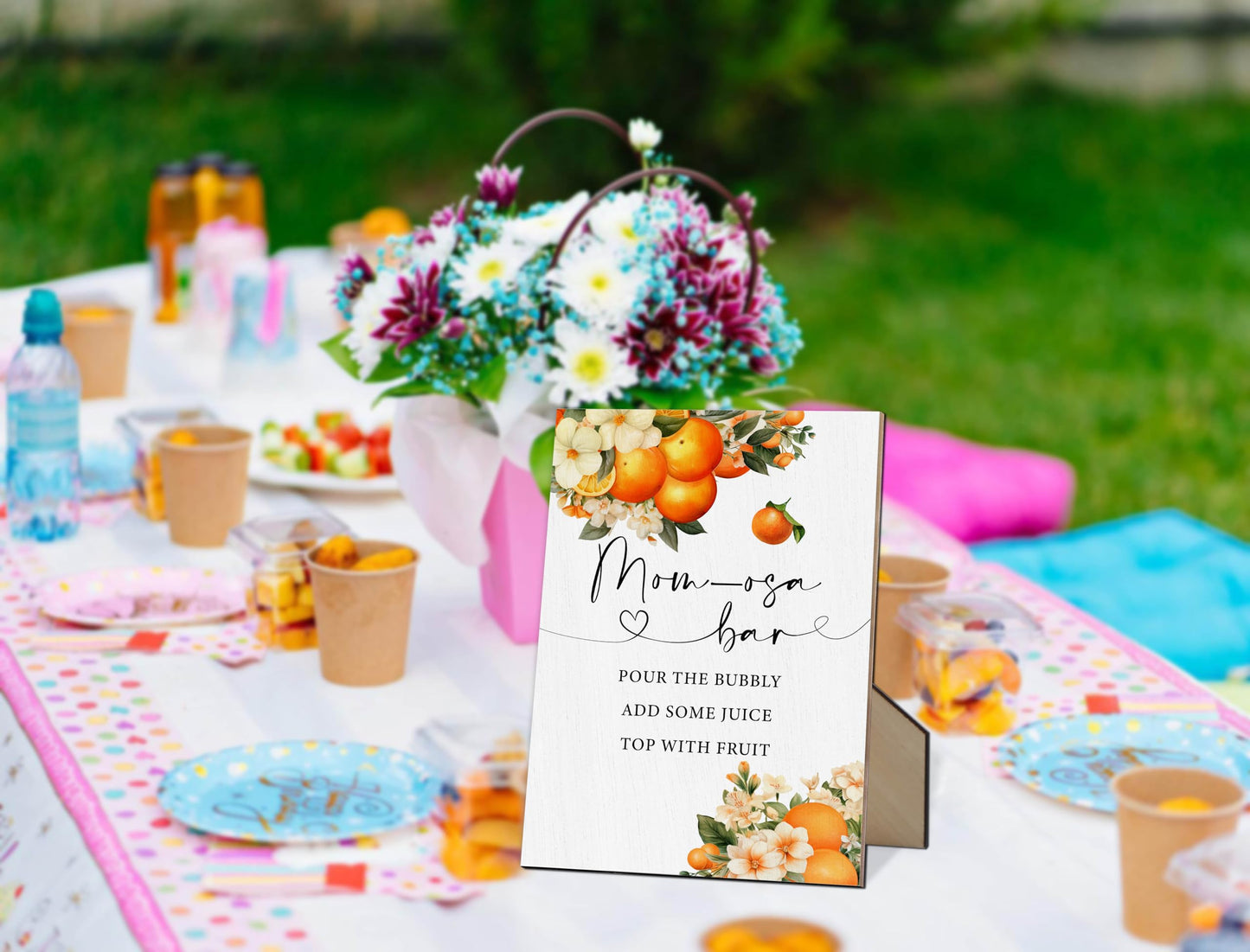 Mom-osa Bar Baby Shower Sign, Orange Citrus Gender Neutral Tabletop