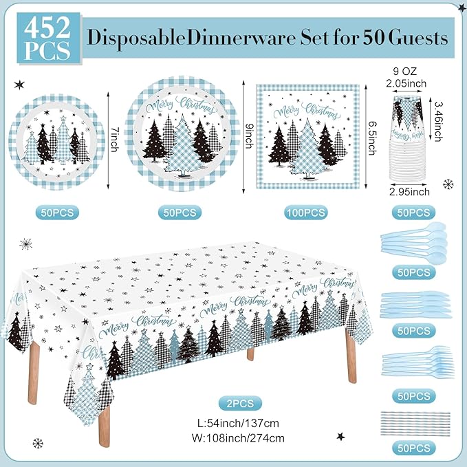 452 Pcs Light Blue Christmas Party Decoration for 50 Plaid Gingham