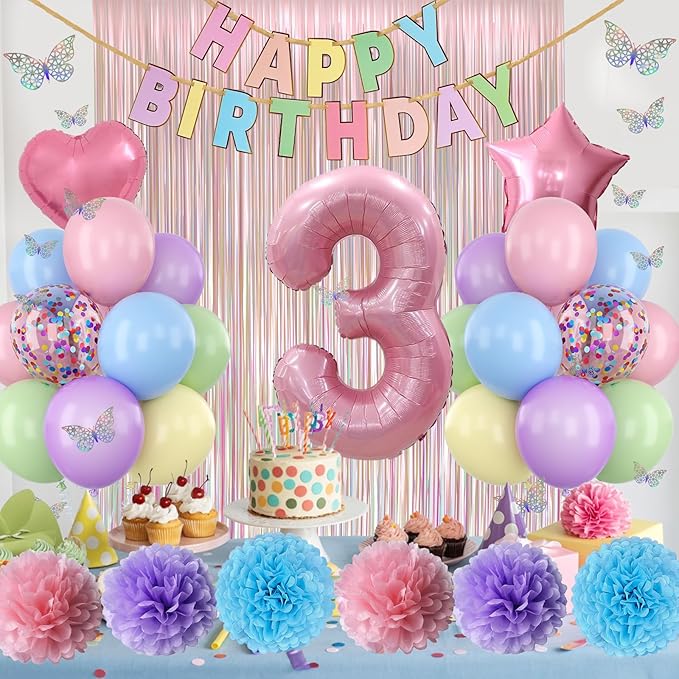 Pastel 3rd Birthday Party Decorations for Girls Number 3 Balloon