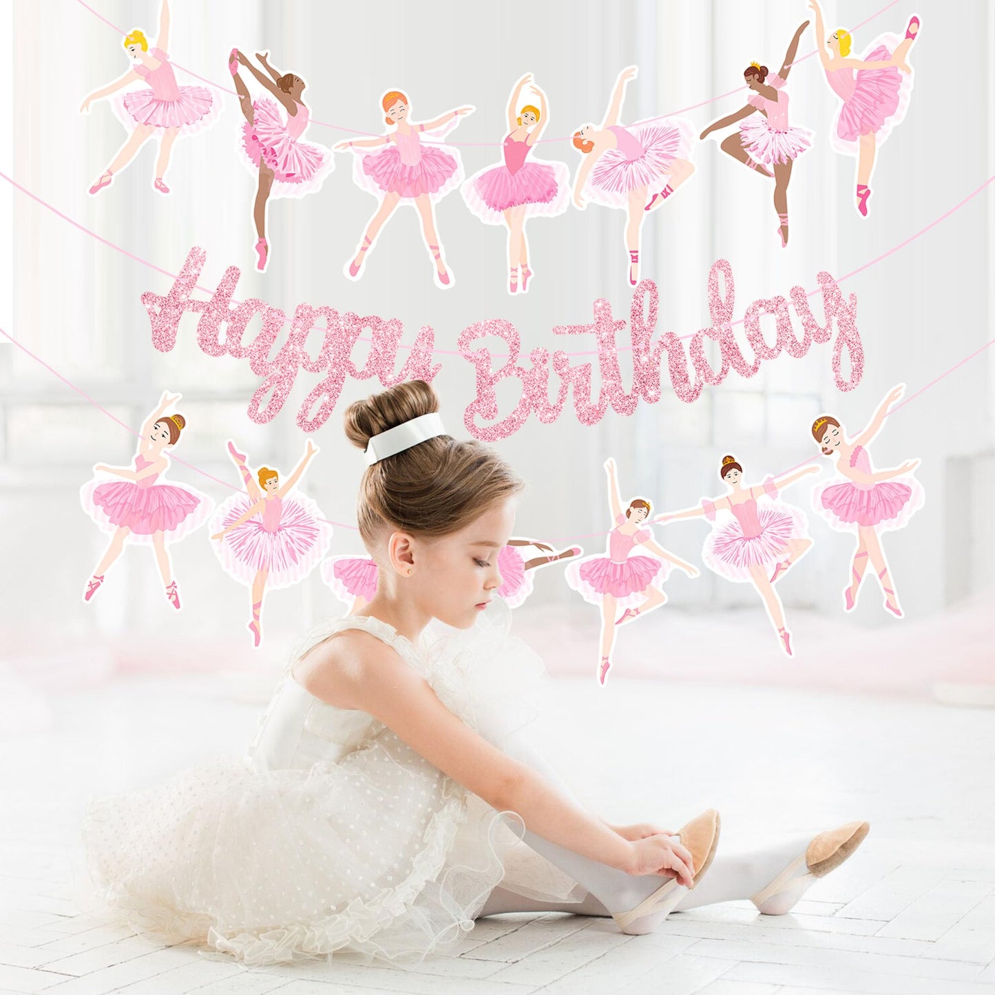 3Pcs Ballet Girls Happy Birthday Banners Glitter Pink Ballerina