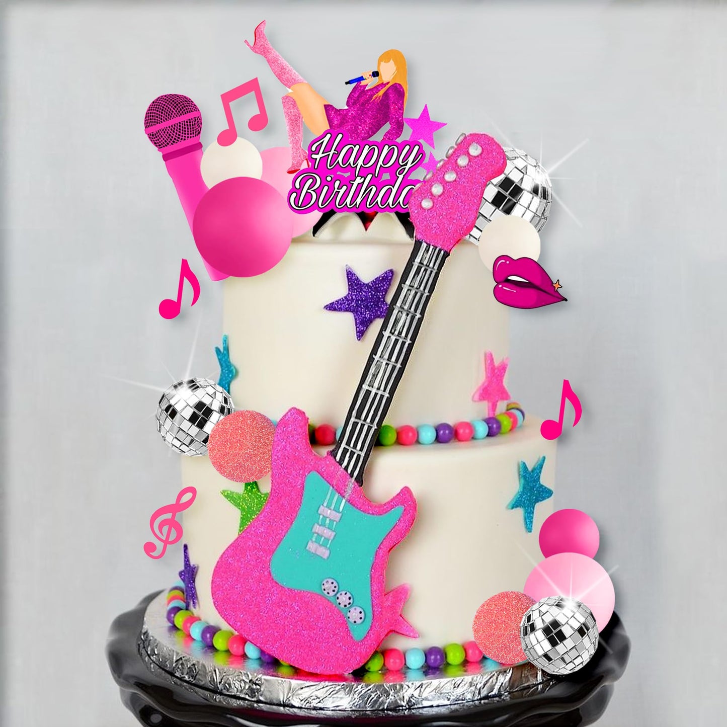 26 PCS Music Cake Toppers Pink Birthday Cake Topper and Disco Cake