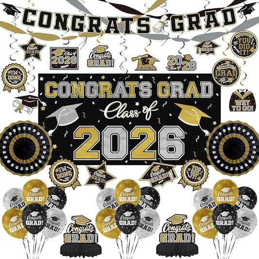 Black and Gold Themed 2026 Graduation Decorations Set Congrats Grad