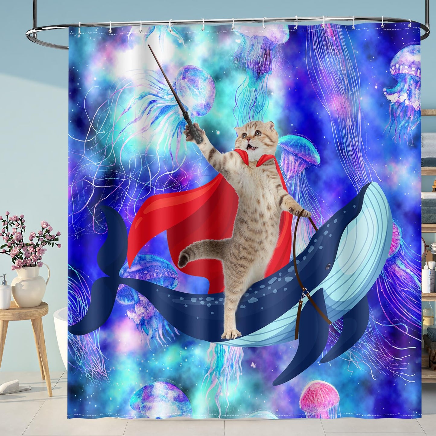 Aimego Funny Cat Shower Curtains - Cute Cat Riding Whale Shark on