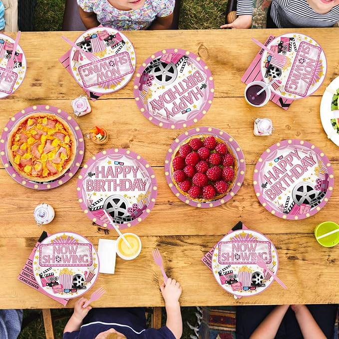 96Pcs Movie Night Party Decorations Pink Movie Plates and Napkins