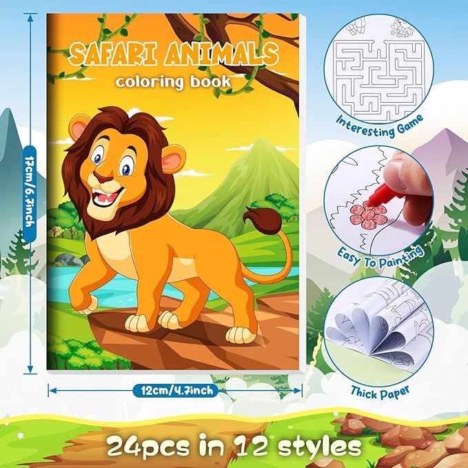 24 Jungle Safari Mini Coloring Books Kids with 24 Stacking Crayons