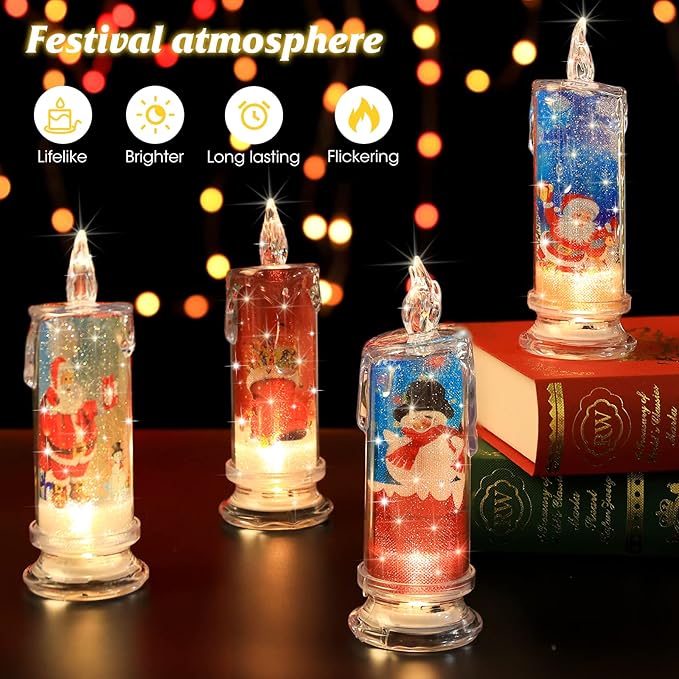 Flameless LED Candles Set of 4 with Santa Claus Snowman Decals