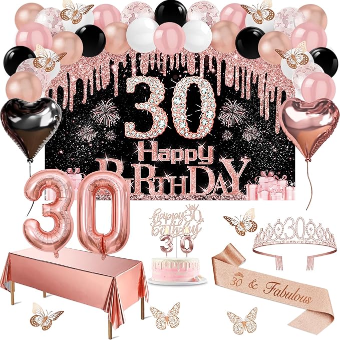 30th Birthday Decorations for Her 49pcs Black Rose Gold Black Happy