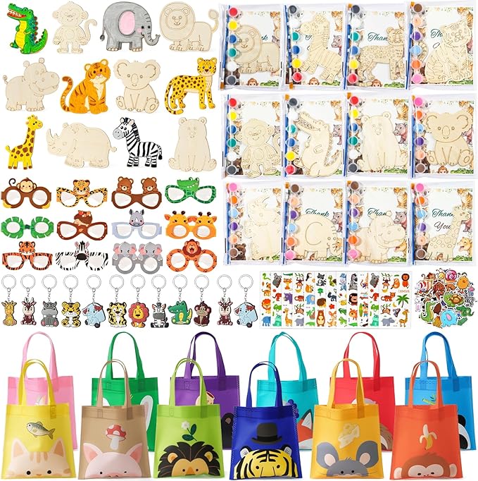 136Pcs Safari Party Favors Jungle Birthday Supplies for Kids Wooden