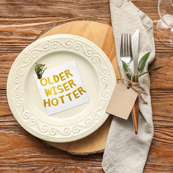 LeZakaa 25Pcs Birthday Paper Napkin, 3-Ply Gold Foil "Older Wiser